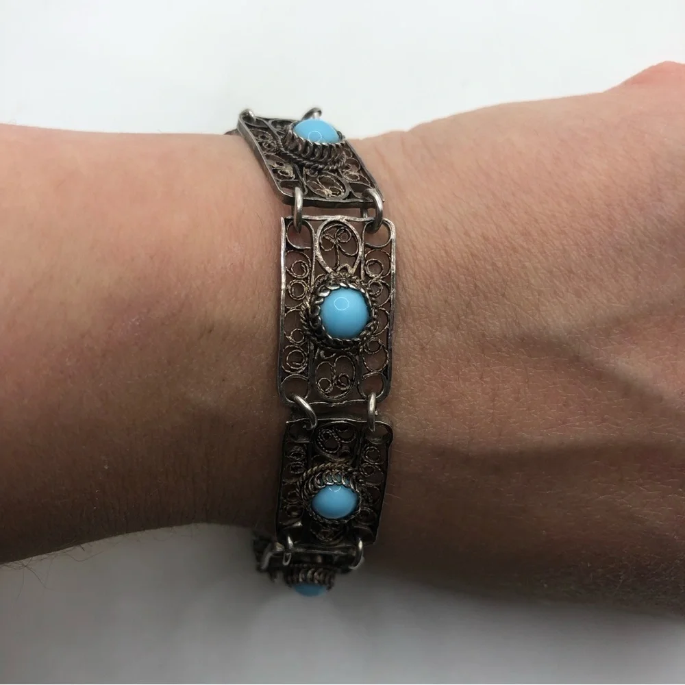 Vtg Sterling Turquoise Cabochon Filigree Panel Link Bracelet 8” - Picture 4 of 8